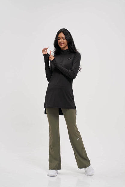 Black color log sleeve top for women with finger holes